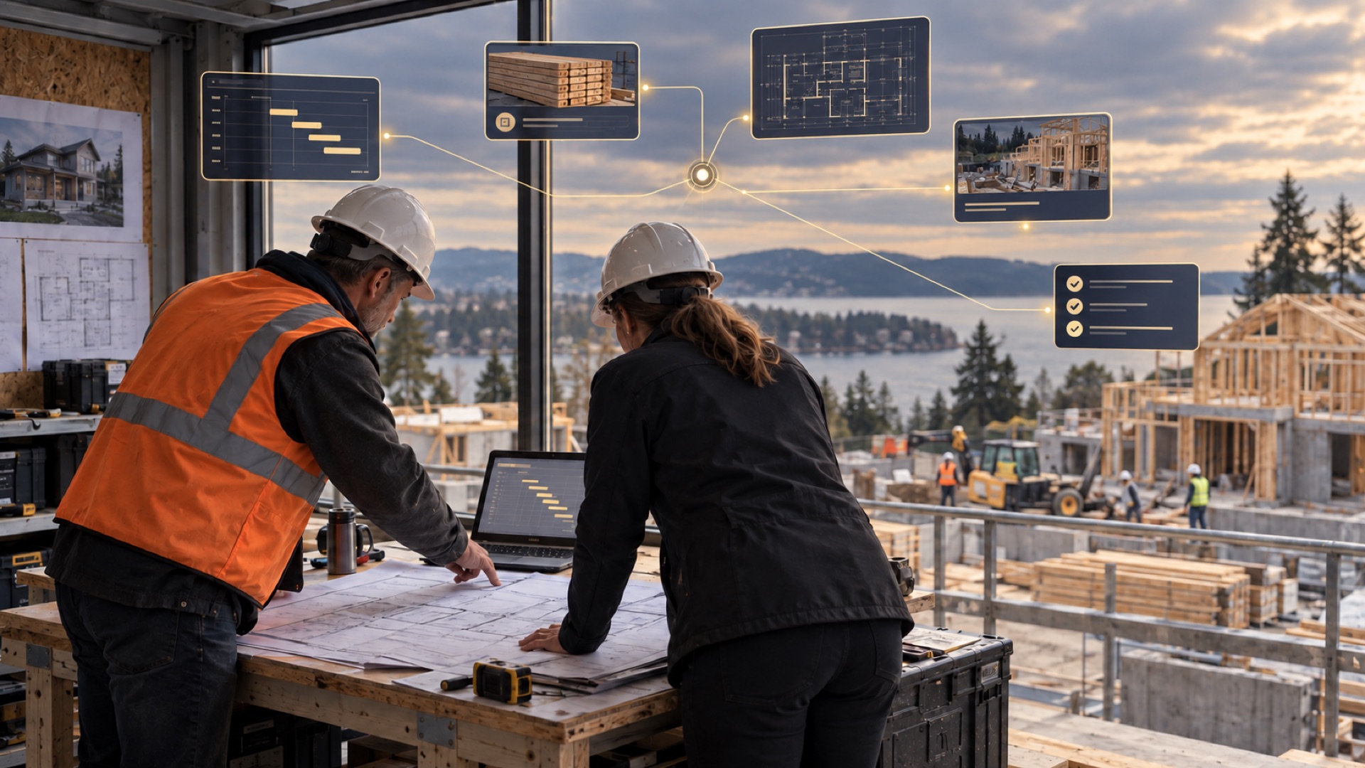 Construction professionals coordinating a residential build through connected schedules, plans, materials, and field information